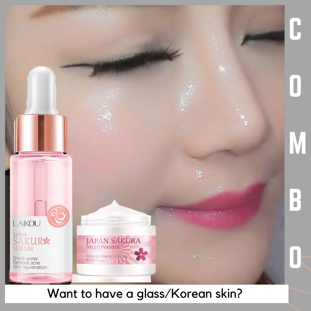 LAIKOU (Japan Sakura Serum+Japan Sakura Cream) Glass skin Anti Aging Pore Control Firming Acne Care Sensitive skin Firming Whitening Sodium Hyaluronate Serum