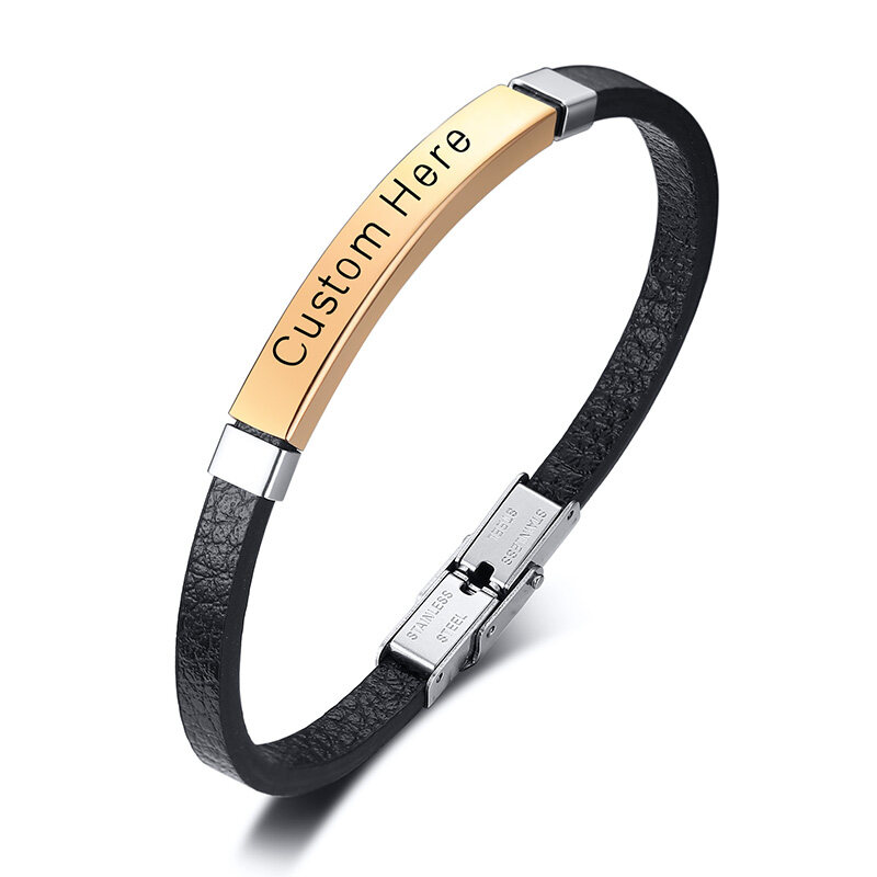 Vnox Personalized Engraving ID Name Initials Men Genuine Leather Bracelet Custom ID Jewelry Gift Father Son Birthday Gift